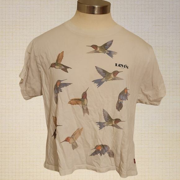 Hummingbird Graphic Levi's Boxy Tee Oversized Cropped Fit XS White Cotton - Picture 1 of 6